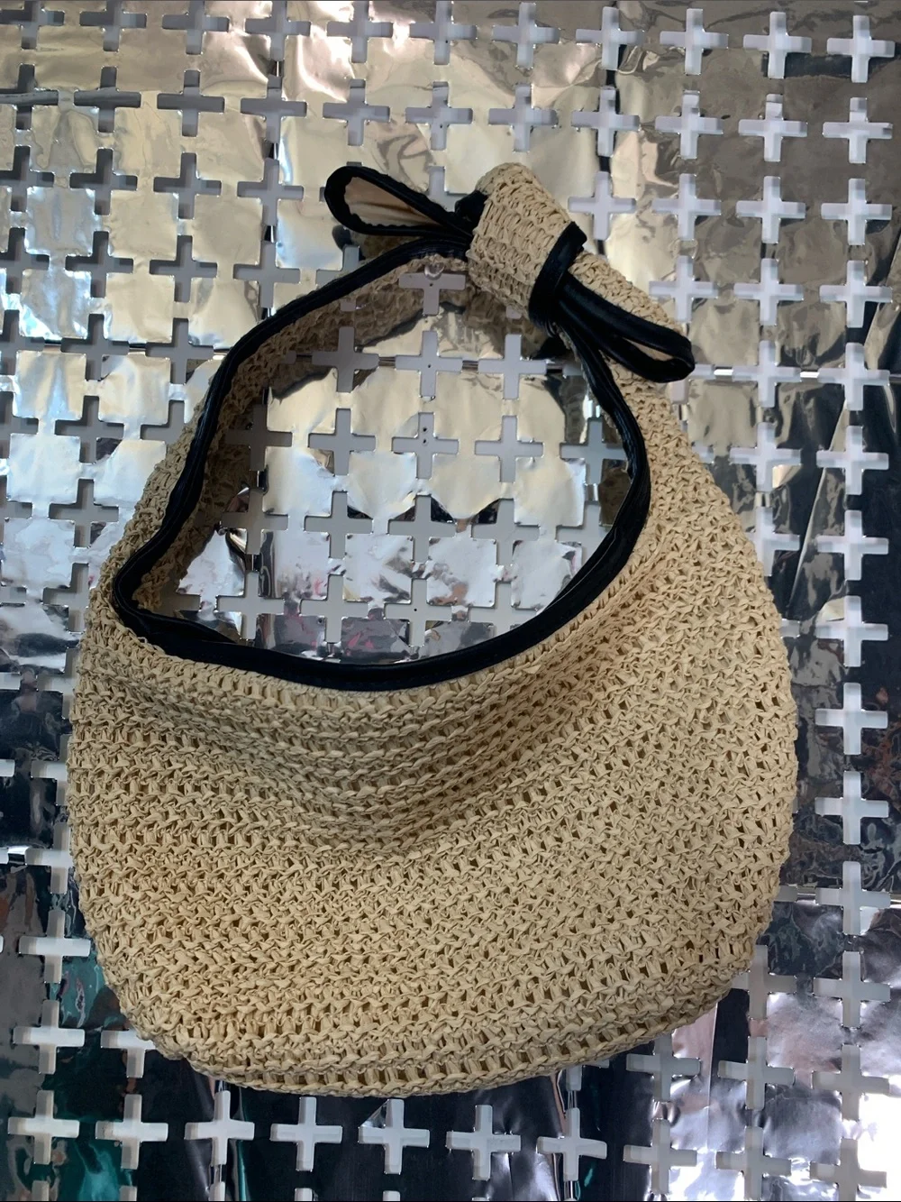 Woven Straw Hobo Bag with Black Trim